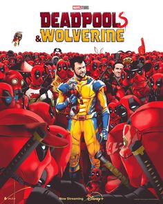 the poster for deadpool and wolverine is shown in front of a crowd of deadpools