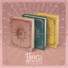 three different colored books with the title hour's moving castle written in gold and blue