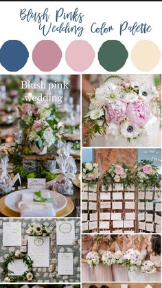 wedding color palettes with pink, green and white flowers on the table in different shades