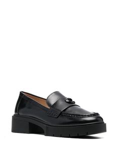 Black Calf Leather Platform Loafers With Lug Sole, Classic Calf Leather Platform Loafers With Lug Sole, Coach Classic Slip-on Loafers, Classic Coach Slip-on Loafers, Classic Coach Loafers For Work, Coach Business Loafers With Round Toe, Coach Round Toe Business Loafers, Classic Coach Loafers With Flat Heel, Coach Loafers With Round Toe For Work