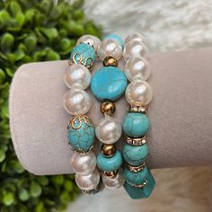 Bundle Of 3 Faux Pearl And Turquoise Stretchy Bracelet Each Bracelet Has Unique Beading. Can Be Worn Alone Or Together Nwot Tags: Western, Southwestern, Southern, Ranch, Prairie, Country, Aztec, Geometric, Tribal, Concho, Serape, Whimsical, Floral, Lace, Pastel, Bohemian, Ethereal, Nature, Romantic, Fantasy, Dreamy, Feminine, Delicate, Paris Charm Bracelet, Stretch Beaded Bracelets Diy, Pastel Bohemian, Ethereal Nature, Nut Bracelet, Vintage Bangle Bracelets, Faux Pearl Bracelet, Romantic Fantasy, Turquoise Bead Bracelet