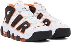 High-top paneled grained leather, buffed faux-leather, and mesh sneakers in white, black, and orange. Perforated detailing throughout. · Swoosh embroidered at toe and tongue · Elasticized straps at lace-up closure · Pull-loop at padded tongue and heel collar · Logo appliqué at sides · Inset Swoosh at heel counter · Terrycloth lining · Air Sole unit at foam rubber midsole · Treaded rubber outsole Please note that this item may be shipped only within North America. Supplier color: White/Starfish/B