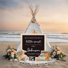 This unique but simple pregnancy announcement idea is perfect for your baby reveal to parents, family, and friends on social media too! Personalize this summer beach pregnancy announcement with tent, sand, and flowers with a boho vibe. It's a cute way to announce your pregnancy. Summer Pregnancy Announcement, Beach Pregnancy Announcement, Simple Pregnancy Announcement, Digital Announcement, Tee Pee, Prenatal Workout, New Baby Announcements, Second Pregnancy