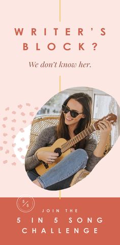 a woman sitting on top of a chair holding a guitar in her hand and the words writer's block? we don't know her