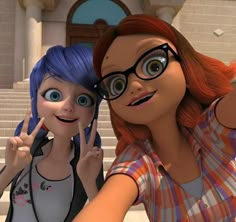 two animated women standing next to each other in front of stairs and steps with their fingers up