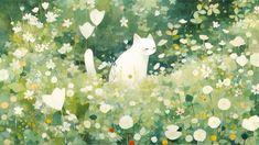 a painting of a white cat sitting in a field of wildflowers and daisies