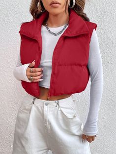 Women's Sleeveless Padded Coat With Zipper Closure Red Casual  Sleeveless Fabric Plain vest,Puffer Non-Stretch  Women Clothing, size features are:Bust: ,Length: ,Sleeve Length: Outfit Chaleco Rojo, Sleeveless Jacket Outfit, Red Jackets, Vest Puffer, Plain Vest, Tank Dresses Outfit, Red Puffer Vest, Outerwear Women Winter, Half Jacket