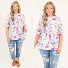 This top will be on rewind in your closet! The ivory color makes the multi-floral pattern pop and the ruffle on the waist and sleeves is so cute! We love the babydoll style that will look so good on every body type! Style this with skinnies and sandals for the perfect look!
63% Polyester, 33% Rayon, 4% Spandex Floral Print Short Sleeve Peplum Top For Spring, White Printed Flutter Sleeve Tops, White Printed Tops With Flutter Sleeves, Feminine Floral Print Peplum Top For Spring, Spring Floral Print Feminine Peplum Top, Feminine Floral Print Peplum Top, White Floral Print Flutter Sleeve Blouse, White Floral Print Blouse With Flutter Sleeves, White Blouse With Floral Print And Ruffle Sleeves