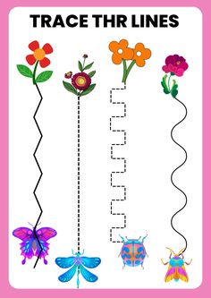 trace the lines with flowers and bugs on it for kids to learn how to read