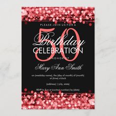 a red and black 50th birthday party card with sparkles on the edges, in front of a white background