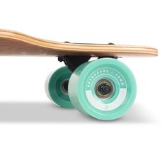 a green skateboard with wooden wheels on a white background and the bottom part of the board is black