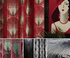 four different images of art deco curtains with woman's face and palm leaves on them