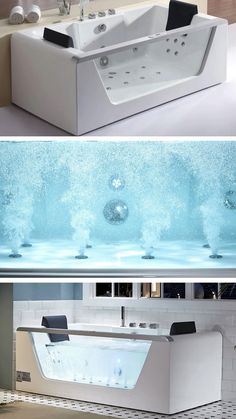 two different views of a bathtub with water running down the side and on the floor