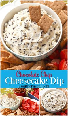 chocolate chip cheesecake dip with strawberries and crackers