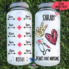 two water bottles sitting on the grass with different medical related items painted on each one