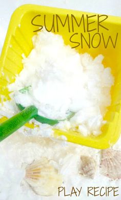 the play recipe for summer snow is in a yellow plastic container with a green spoon