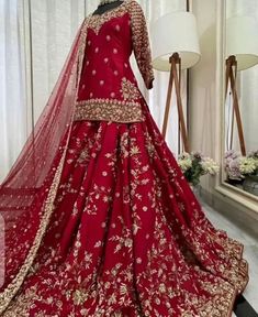 a red lehenga with gold embroidery work