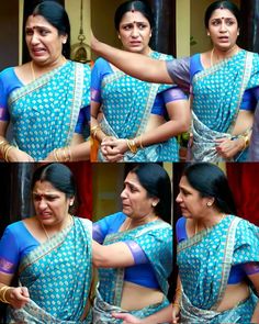 multiple pictures of a woman wearing a blue sari and holding her hand out to the side