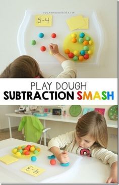 two children playing with play dough and subtraction smash