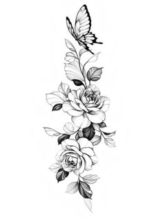 a black and white drawing of flowers with a butterfly flying over the top of it