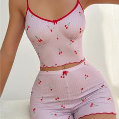 Cute Cherry Print Pj’s Adjustable Straps Stretchy Fabric Brand New Without Tags Pijamas Women, Cute Pajama Sets, Short Pj Set, Cute Pajamas, Top Pants Set, Cherry Print, Cami Crop Top, Print Pajamas, Pajama Set Women