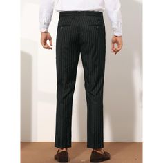 The slim-fit suit trousers with a vertical stripes design are modern, elegant, and stylish. Different from ordinary striped pants, these pants have a contrasting striped pattern design that is more fashionable. Pair with a dress shirt, polo shirt, blazer, and shoes for a smart business or casual look. Perfect for formal occasions such as weddings, dates, office working, proms, parties, etc. Tailored Striped Straight Pants, Tailored Striped Dress Pants With Welt Pockets, Tailored Striped Straight Leg Dress Pants, Tailored Striped Dress Pants With Straight Leg, Business Straight Leg Striped Dress Pants, Business Casual Ankle-length Pants With Vertical Stripes, Business Straight Pants With Vertical Stripes, Business Pants With Vertical Stripes And Straight Leg, Business Dress Pants With Vertical Stripes