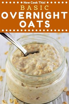 overnight oatmeal in a glass jar with a spoon on top and text overlay