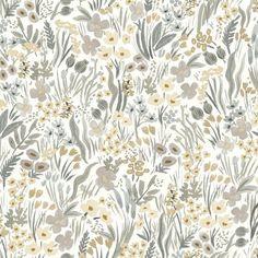 a white and grey floral wallpaper with lots of flowers