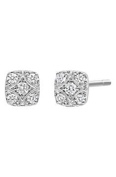 Ten twinkling white diamonds illuminate these stunning square stud earrings handcrafted in 18-karat white gold. 1/8"W x 1/8"L Total diamond weight: 0.1ct. Color: G Clarity: VS 18k gold/diamond Imported >Diamond Guide Elegant Diamond-shaped Diamond Earrings, White Gold Diamond-shaped Earrings With Diamond Accents, Diamond-shaped Diamond Earrings For Formal Occasions, Formal Diamond-shaped Diamond Earrings, Fine Jewelry White Gold Cushion Cut Diamond Earrings, White Gold Diamond-shaped Earrings For Formal Occasions, White Gold Earrings With Diamond Accents Cushion Cut, Elegant Cushion Cut Diamond Earrings, White Gold Cushion Cut Earrings With Diamond Accents