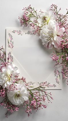 white and pink flowers are arranged in a square frame on top of a sheet of paper