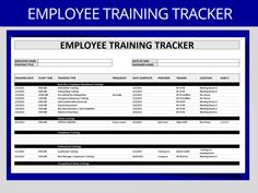 an employee training tracker with the words employee training tracker in black and white, on a blue