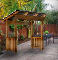 a wooden gazebo sitting on top of a patio