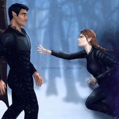 an animated image of a man and woman in the snow, facing each other with their arms outstretched