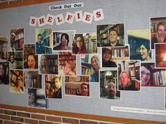 a bulletin board with pictures of people and words on it that spell out shelffiies