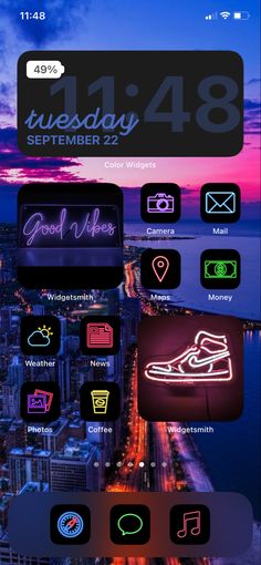 an iphone screen with neon lights on it