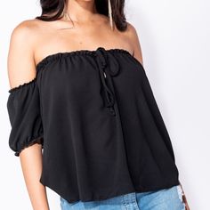 Black Off The Shoulder Top Tie Detail Fabric Content 100% Polyester Casual Black Off-shoulder Blouse, Black Off-shoulder Top For Vacation, Black Off The Shoulder Top, Off The Shoulder Top, Off Shoulder Blouse, Shoulder Top, Off The Shoulder, Womens Tops, Women's Top