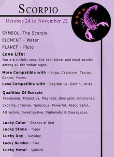 the scorpio zodiac sign is shown in purple