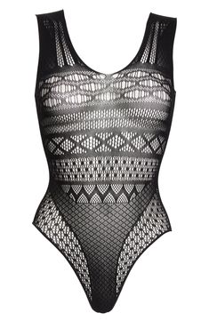 A mix of patterns enhances the sultry allure of this barely there lace bodysuit. V-neck Sleeveless 90% nylon, 10% spandex Hand wash, dry flat Imported Lingerie Knitted Design, Lingerie Outfits, Luxury Lingerie, Lace Bodysuit, Knitting Designs, Plus Size Fashion, Sewing Patterns, Nordstrom, Lingerie