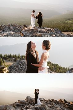 two women standing on top of a mountain next to each other