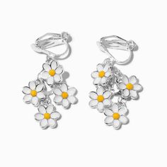 Claire's Silver-tone Linear Daisy 1" Clip-On Drop Earrings Fun Clip On Earrings, Clip On Earrings For Kids, Cute Clip On Earrings, Owl Earrings Studs, Jewelry For Kids, Trending Jewelry, Prom Accessories, Linear Design, White Daisies