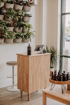 cute modern boho earthy salon decor idea with a plant wall and a clean wood reception desk Diy Reception Desk, Salon Cabin, Boho Salon Decor, Salon Decor Ideas, Tan Salon, Salon Suite Decor, Salon Aesthetic, Small Salon, Salon Design Ideas