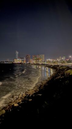 the city skyline is lit up at night by the water's edge, with waves coming in from the shore