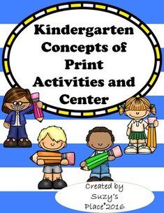 a blue and white striped background with the words,'kindergarten conceptss of print activities and