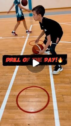 a young boy holding a basketball on top of a hard wood floor with the words drill of the day