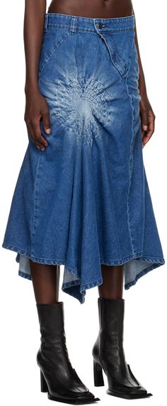 Non-stretch denim skirt. · Low-rise · Belt loops · Offset zip-fly · Fading and graphic ruching at front and back · Pleats at flared hem Supplier color: Indigo blue Skirts Runway, Masha Popova, Stretch Denim Skirt, Upcycle Clothes Diy, Denim Skirts, Mid Length Skirts, Indigo Blue, Upcycle Clothes, Denim Fashion