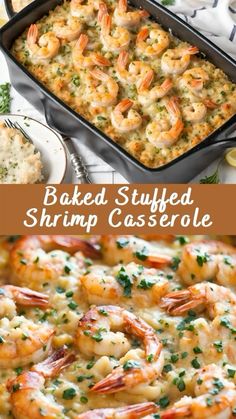 baked stuffed shrimp casserole with cheese and parsley on the side in a pan