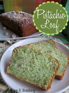 two slices of green cake sitting on top of a white plate