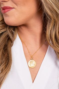 Kathy Coin Necklace is the ideal coin pendant. It offers so much detail you will never want to take it off. This necklace is perfect for layering or to wear on it on! Lobster Clasp Closure 17" Plus Extender Everyday Coin Pendant Medallion Charm Necklaces, Everyday Coin Pendant Medallion Necklace, Everyday Medallion Charm Necklaces With Coin Pendant, Everyday Medallion Charm Necklace With Coin Pendant, Everyday Medallion Necklaces With Coin Pendant, Everyday Medallion Necklace With Coin Pendant, Everyday Engraved Coin Necklace, Tarnish Resistant Coin Necklace With Round Pendant, Engraved Coin Medallion Necklace