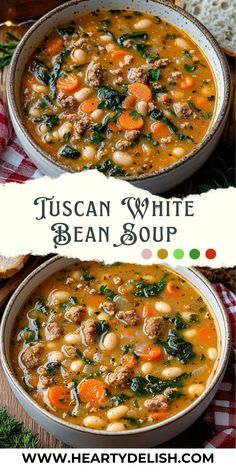 two bowls of bean soup with spinach, carrots and meat in white bean soup