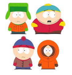 the south park characters from south park are wearing winter coats and beanies in different colors